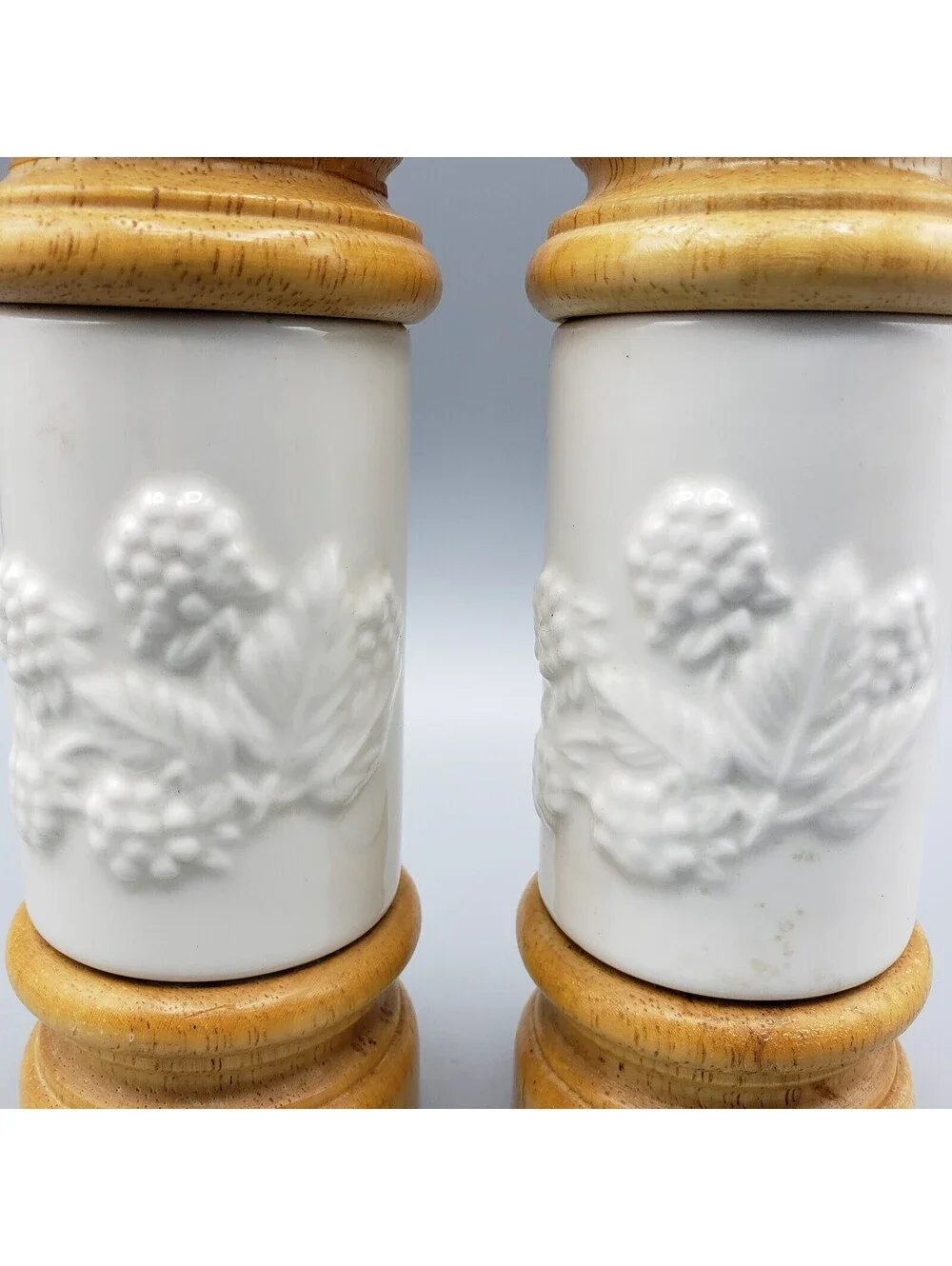 Mr. Dudley Salt & Pepper Shakers Grinder Wood & Ceramic Berries Leaves Embossed